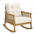 Chaise à bascule d’extérieur en acacia massif naturel avec cordage latéral et coussins écru
