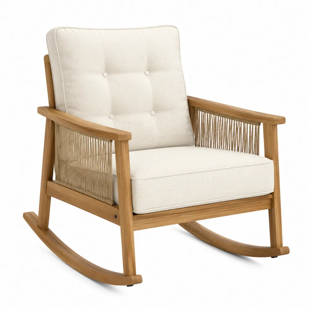 Chaise à bascule d’extérieur en acacia massif naturel avec cordage latéral et coussins écru