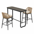 Ensemble mobilier bar extérieur 3 pièces table haute 120 x 60 x 105 cm 2 tabourets acier thermolaqué plateau WPC corde PE coussins polyester noir naturel écru brun foncé