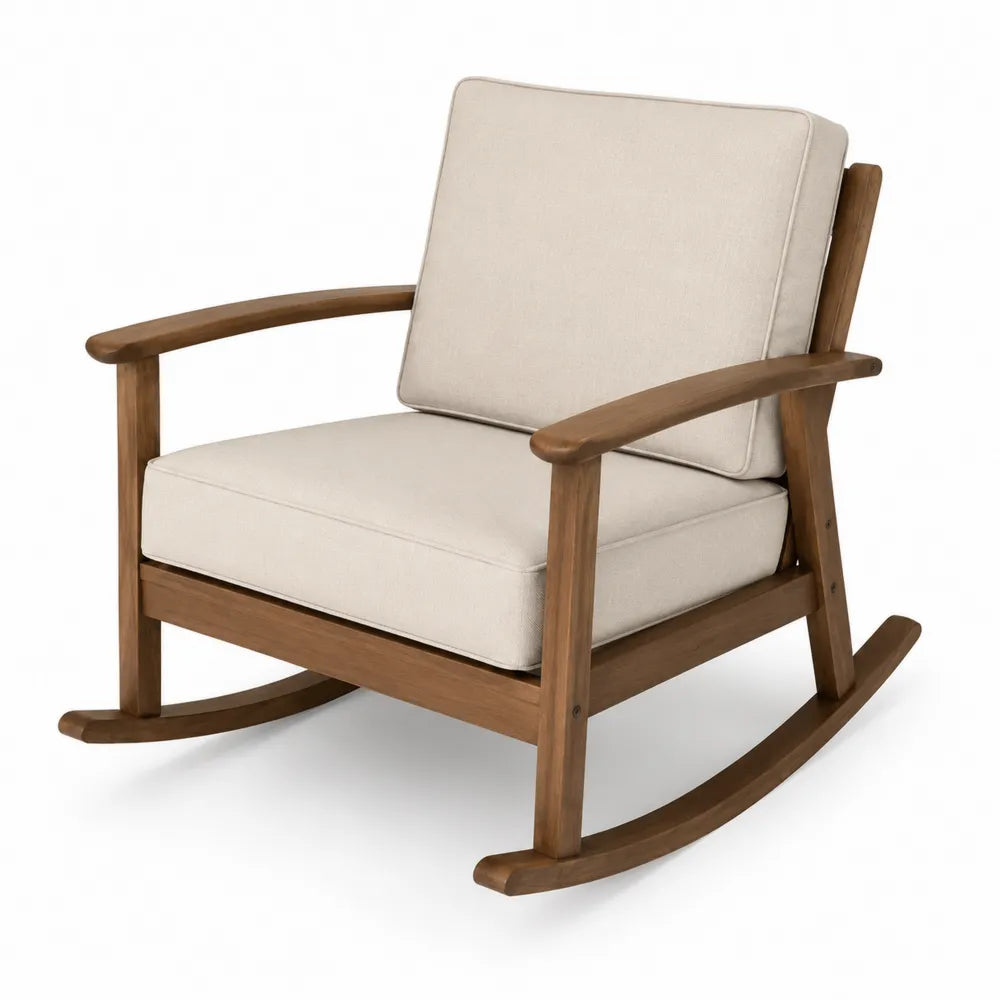 Fauteuil à bascule de jardin en bois massif avec coussins polyester beige et accoudoirs naturels