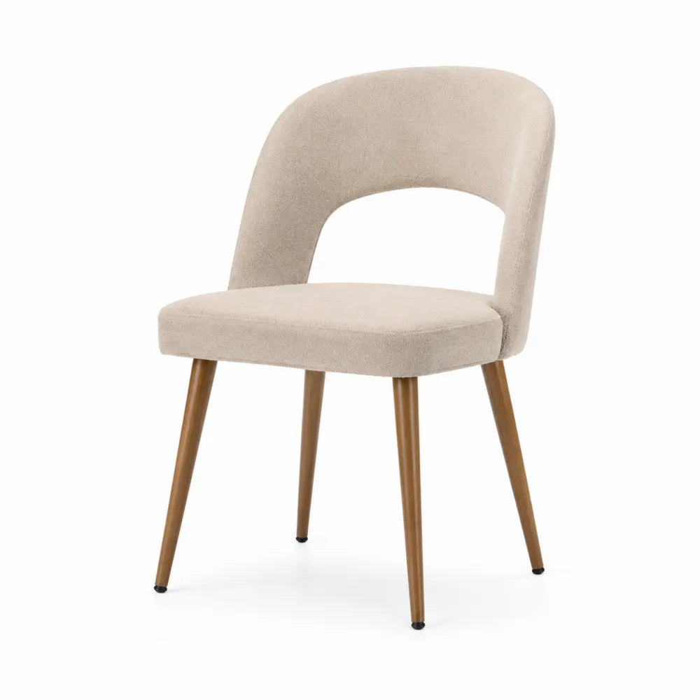 Chaise de salle à manger rembourrée 48 x 57 x 84 cm en polyester bouclé beige pieds en bois de hêtre dossier ajouré
