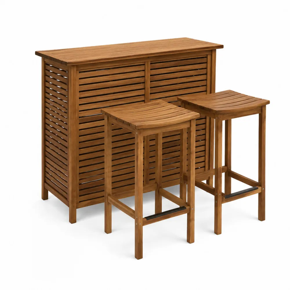 Ensemble mobilier bar extérieur comptoir acacia massif brun teck 120 x 48 x 105 cm 2 tabourets bois massif 38 x 38 x 75 cm noir
