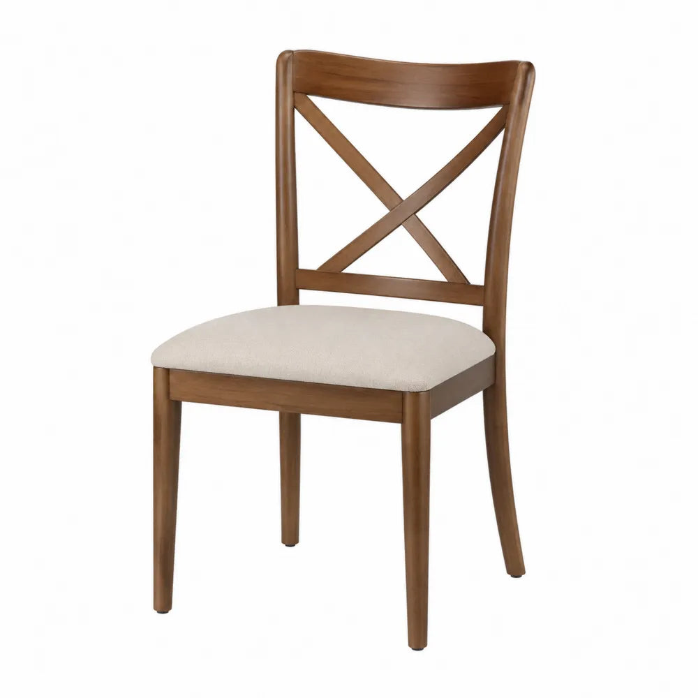 Chaise de salle à manger 48 x 54 x 92 cm en bois d'hévéa massif naturel et tissu polyester beige dossier croisé