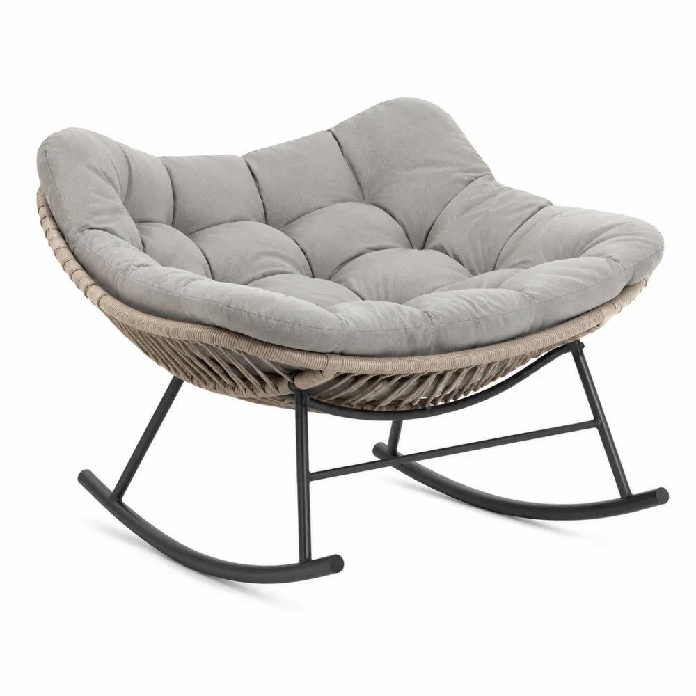 Fauteuil papasan à bascule de jardin résine tressée polyéthylène taupe gris noir 120 x 100 x 82 cm avec base acier