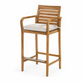 Chaise de bar extérieur acacia massif 56 x 58 x 114 cm accoudoirs coussin polyester écru repose-pieds acier inoxydable bois naturel