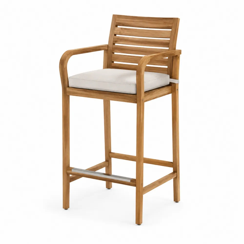 Chaise de bar extérieur acacia massif 56 x 58 x 114 cm accoudoirs coussin polyester écru repose-pieds acier inoxydable bois naturel