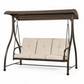 Balancelle de jardin 3 places 200 cm x 120 cm x 170 cm en acier thermolaqué brun avec toit et coussins beige