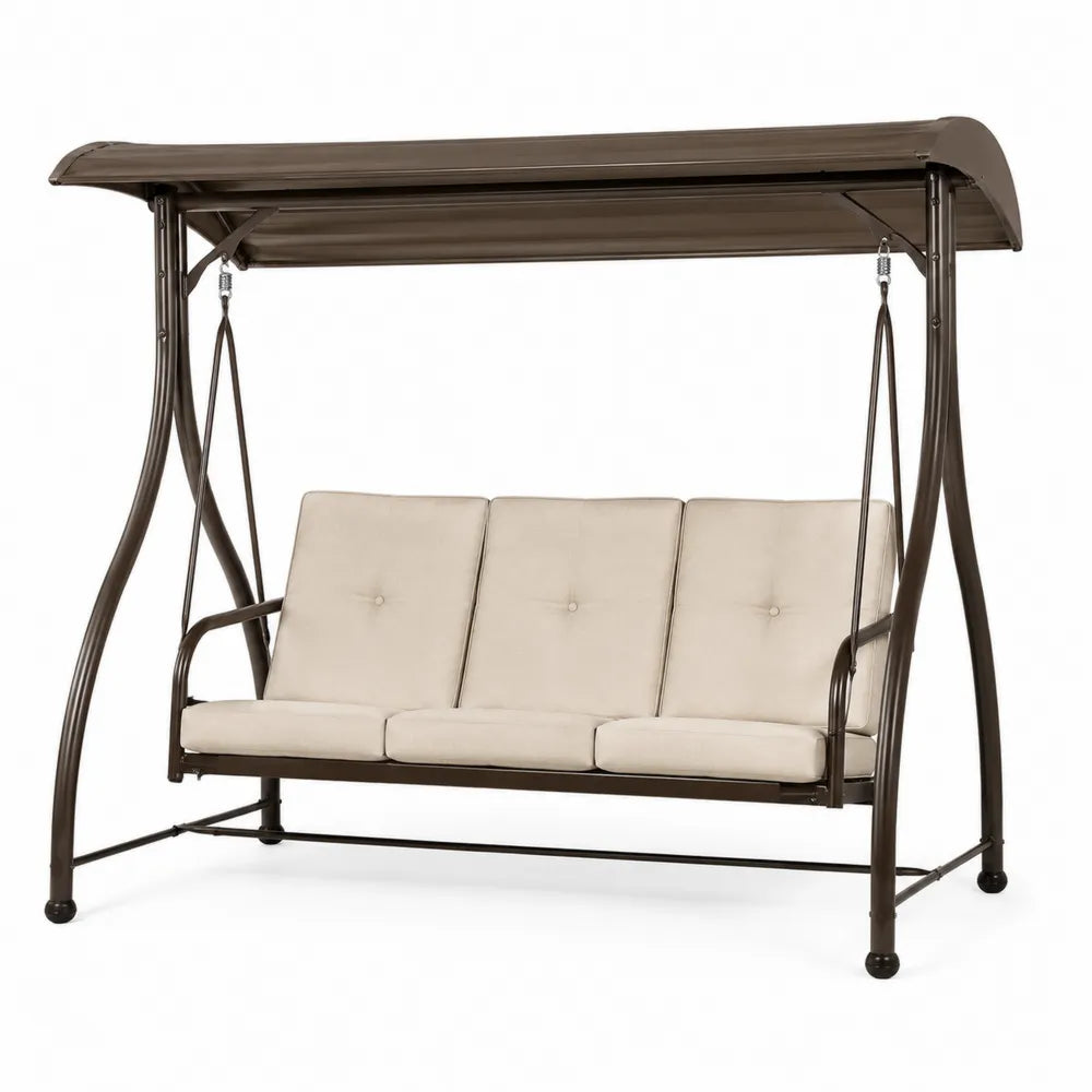 Balancelle de jardin 3 places 200 cm x 120 cm x 170 cm en acier thermolaqué brun avec toit et coussins beige